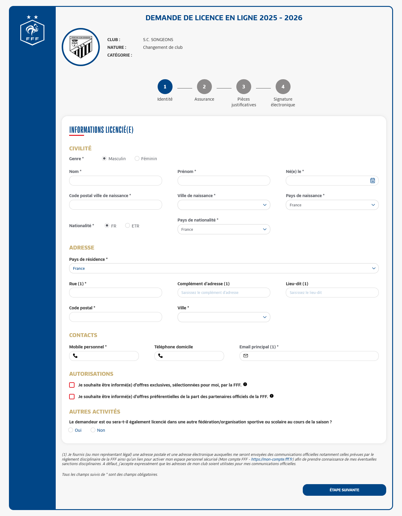 Première étape d'une demande de changement de club