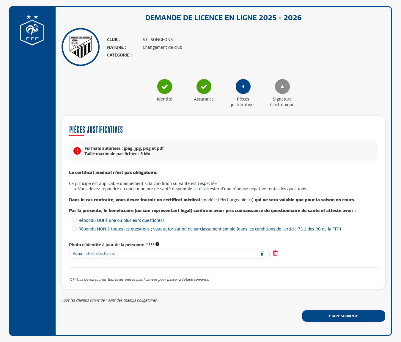 Troisième étape d'une demande de changement de club
